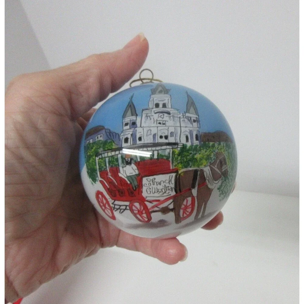 Vintage Ne'Qwa Style New Orleans St. Louis Cathedral Hand-Painted Glass Ball Chr